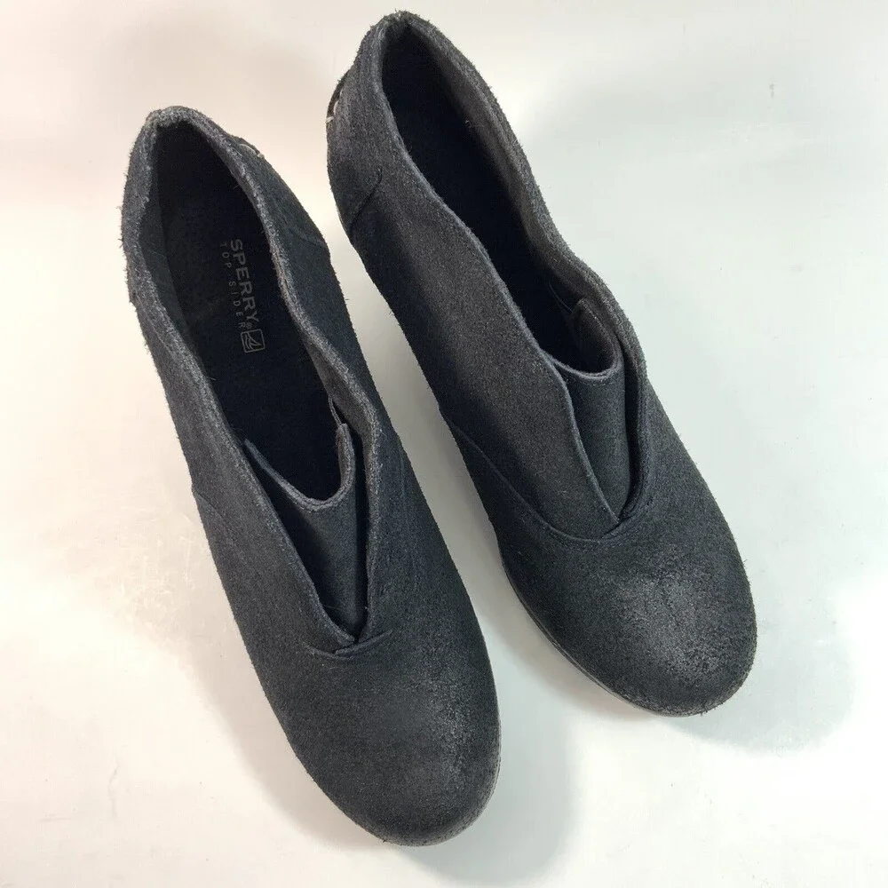 Sperry Top Sider Leather Wedge Boots Black Harlow Brooke 9